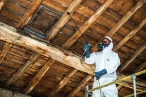 Traitement préventif par injection et pulvérisation contre les termites sur une charpente en bois